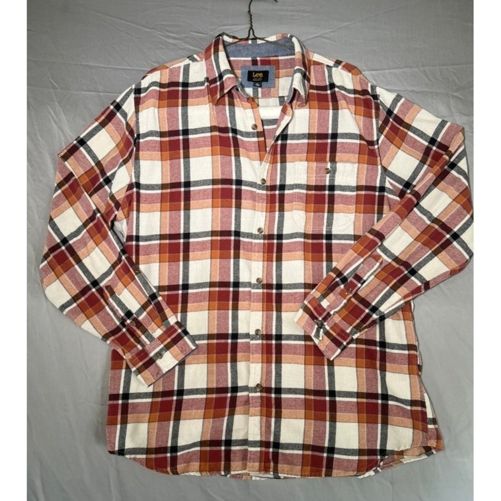 Lee Mens Orange Red Plaid Flannel XL Shirt Long Sleeve Casual Preppy Regular Fit
